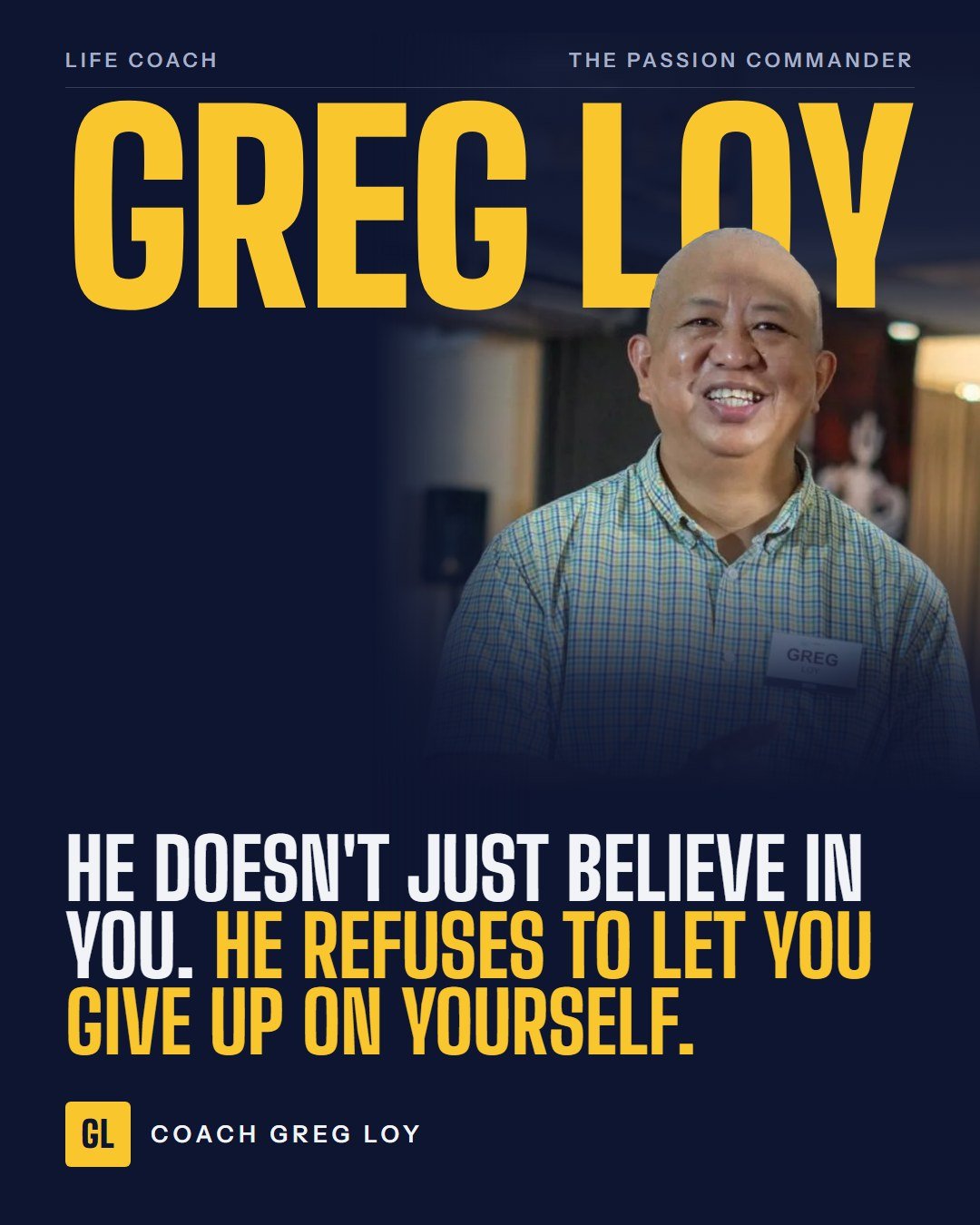 Share card: Greg's photo under the GREG LOY masthead, with the line He refuses to let you give up on yourself